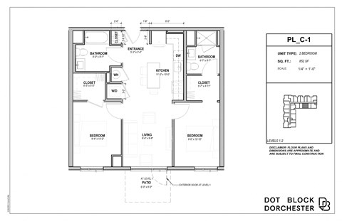 Floor plan for 2 beds, 2 baths, 852 sqft
